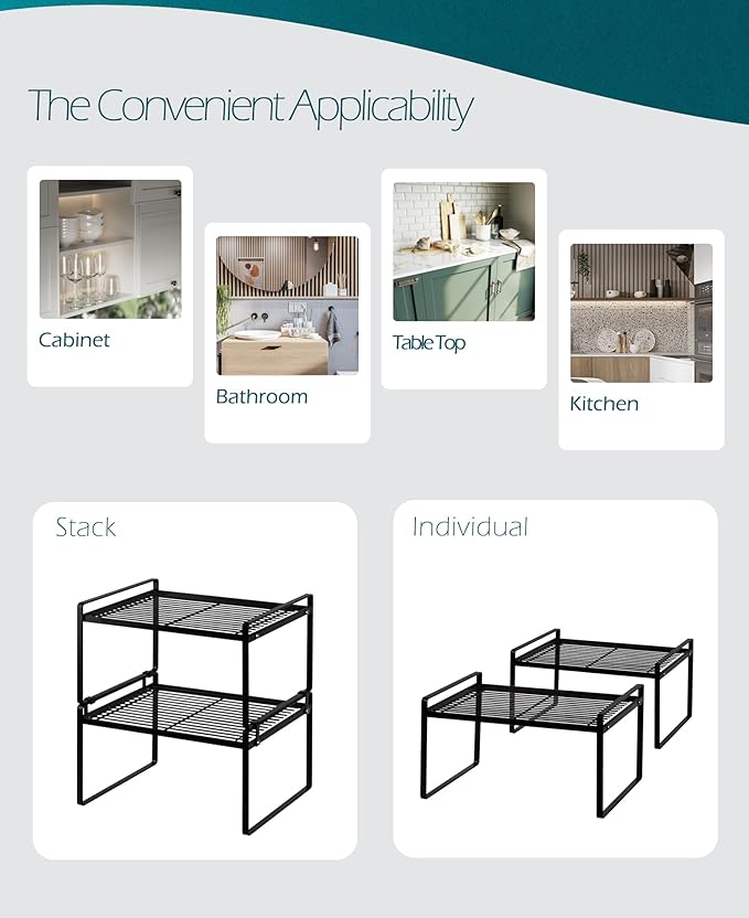 Shantton 2Pack Kitchen Cabinet Shelf Counter Organizer Rack Pantry Storage Bathroom Bedroom Office Table Desk Space Saving Stackable Rust Resistant Non Slip Black Wide L13.1in W10.6in H7.3in