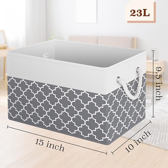 Fab totes Storage Bins 8-Pack, Foldable Storage Baskets for Organizing Toys, Books, Shelves, Closet, Large Storage Box with Rope Handles, Sturdy Organizer Bins,Clover Grey