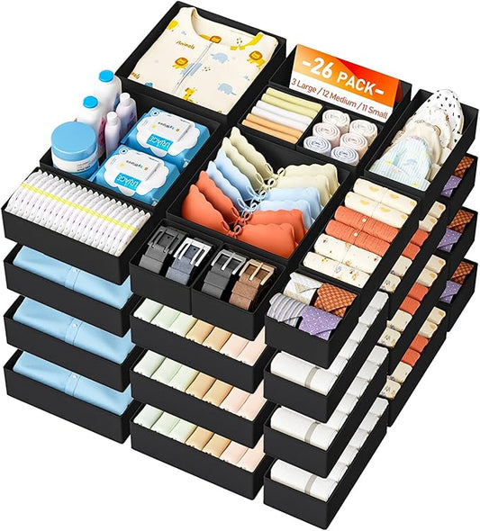 Drawer Organizer Clothes 26 Pack, Black