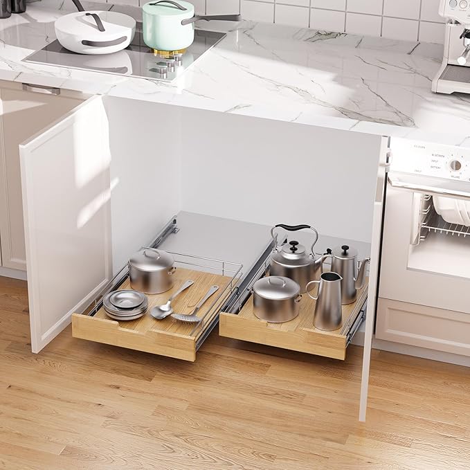 Sikarou Pull Out Cabinet Organizer,Heavy-Duty Slide Out Shelf, Wood And Wire Basket, Pull Out Drawer for for Kitchen Under Sink Space, Pantry, Bathroom (26 * 21 WM)