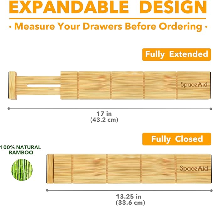Bamboo Drawer Dividers with Inserts and Labels, 13.25-17 in