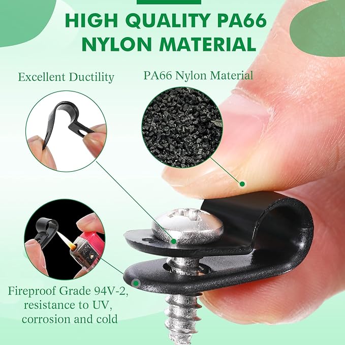 Hicarer 50 Pack R-Type Cable Clip Wire Clamp, Nylon Screw Mounting Cord Fastener Clips with 50 Pack Screws for Wire Management (Black,1/4Inch)