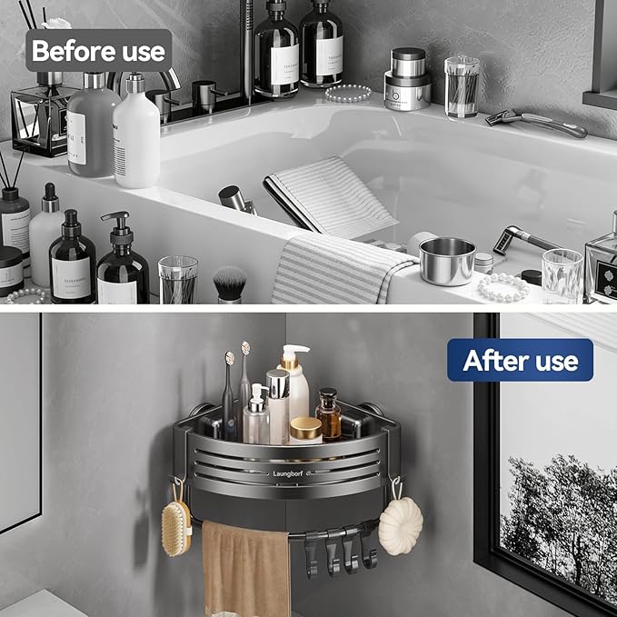Corner Shower Caddy Suction Cup – Rustproof Aluminum Triangle Shelf with Hooks & Towel Bar, Laungborf No-Drill Wall Storage for Bathroom Kitchen Laundry (Matte Gray, 2 Pack)