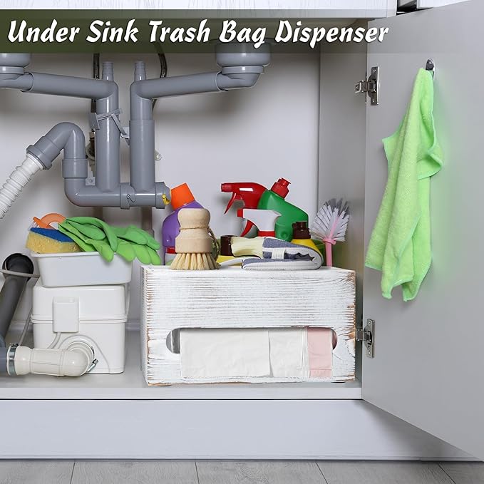 DRASTAR Trash Bag Dispenser, Wall Mount Wooden Trash Organizer , Countertop Trash Bag Roll Holder for 4-8 gallon , Retro White Kitchen Laundry Room Organization