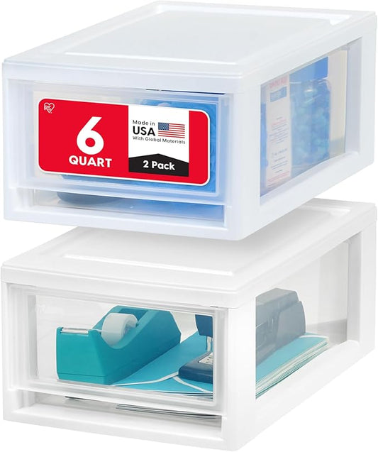 USA 6 Qt. Plastic Drawer Storage Organizer Stacking Drawers, 2-Pack, White