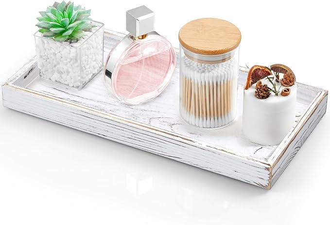 ALELION 13" White Bathroom Vanity Tray for Counter - Wood Decorative Tray for Toilet Tank Makeup Perfume Jewelry Catchall Table - Wooden Kitchen Countertop Organizer for Soap Dispenser