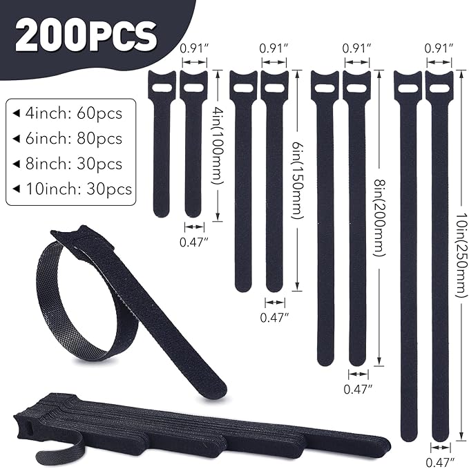 MVYC 200PCS Reusable Cable Ties Wire Ties Cord Organizer Cable Organizer Adjustable Cable Management Black 4+6+8+10 inch