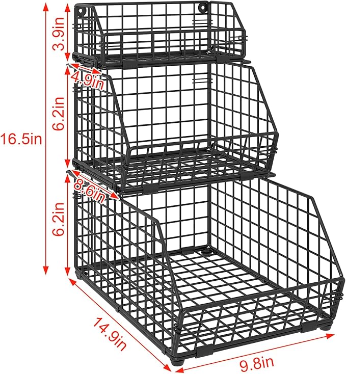 3-Tier Fruit Basket for Kitchen Counter, Stackable Wire Baskets Wall, Potato and Onion Storage Bins, Pantry Organizers, Pantry Storge and Storage for Potato, Onion, Produce, Fruit, Vegetable, Snack
