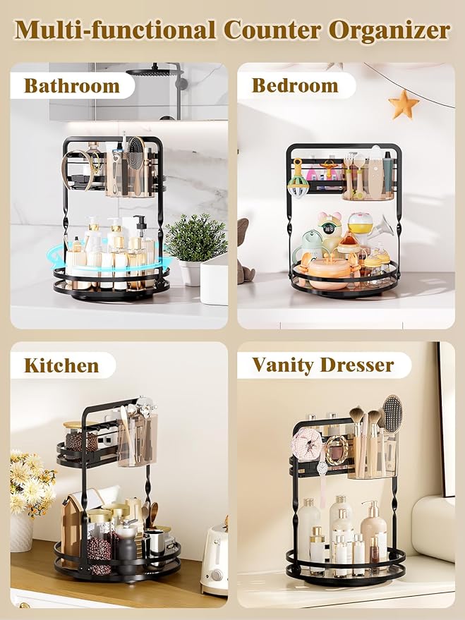 360 Rotating Makeup Organizer, 2-Tier Black Perfume Organizer for Dresser, Bathroom Counter Organizer, Lazy Susan Vanity Tray Spinning Skincare Storage with Jewelry Hooks & Makeup Brush Holder