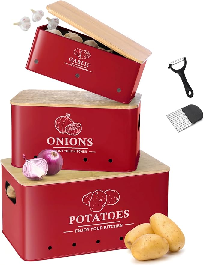 Kitchen Vegetable Storage Set of 3, Metal Onion Garlic Potato Storage Set, Red