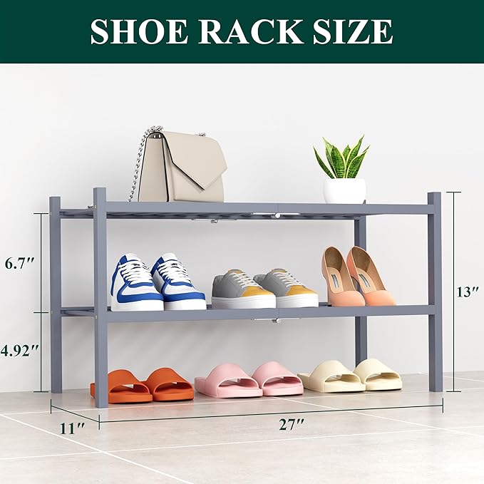 Smiry Bamboo Shoe Rack, 2 Tier Free Standing Wooden Shoe Organizer, Stackable Wood Shoe Storage Shelf for Closet, Entryway, 14 Vertical Slats, One-piece Heavy-Duty Legs, 26.8"x11"x13", Grey