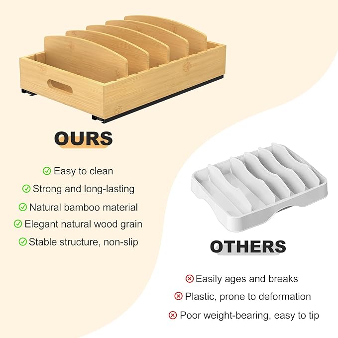 Housolution Pull Out Food Container Lid Organizer with Sliding Rail, Slide Out Plastic Lid Holder Compatible with Tupperware, Bamboo Storage Box with 5 Adjustable Dividers for Kitchen Cabinet, 2 Pack