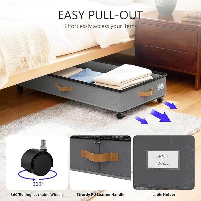 Under Bed Storage with Wheels 2-Pack, Grey