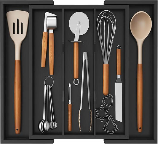 Utensil Organizer for Kitchen Drawer, Expandable Cooking Utensil Tray, Black