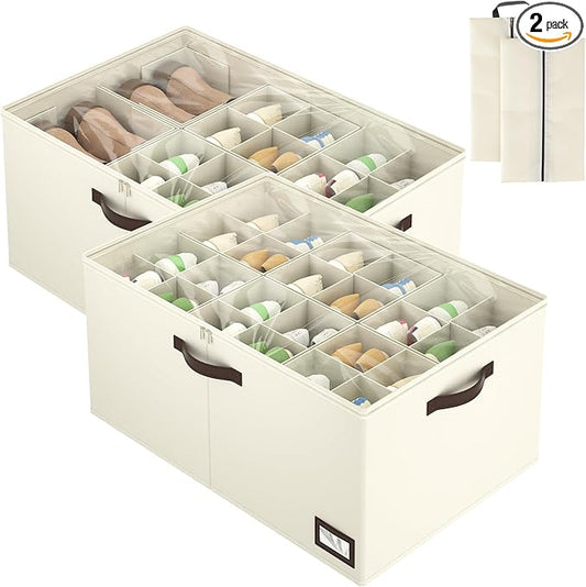 OIAHOMY 2 Pack Shoe Organizer for Closet, Large Foldable Shoe Storage Bins with Dividers and Reinforced Handles, Each Clear Cover Sneaker Box Fits Up to 24 Pairs for Entryway and Bedroom, Beige