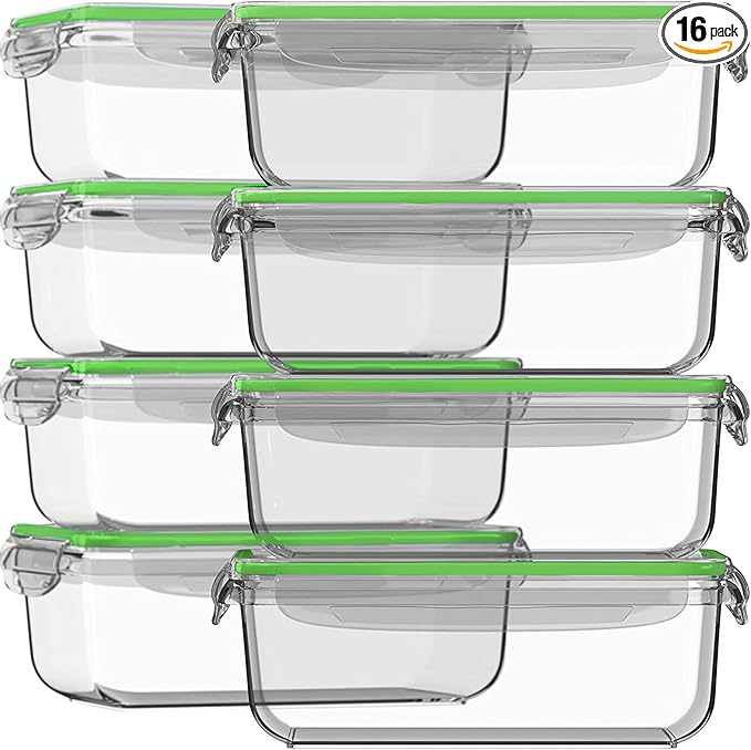 Razab 16 Pc (Set of 8) 30 Oz Glass Meal Prep Containers with Lids, Airtight Large Glass Food Storage Containers, Reusable Leak Proof BPA Free, Freezer to Oven and Dishwasher Safe