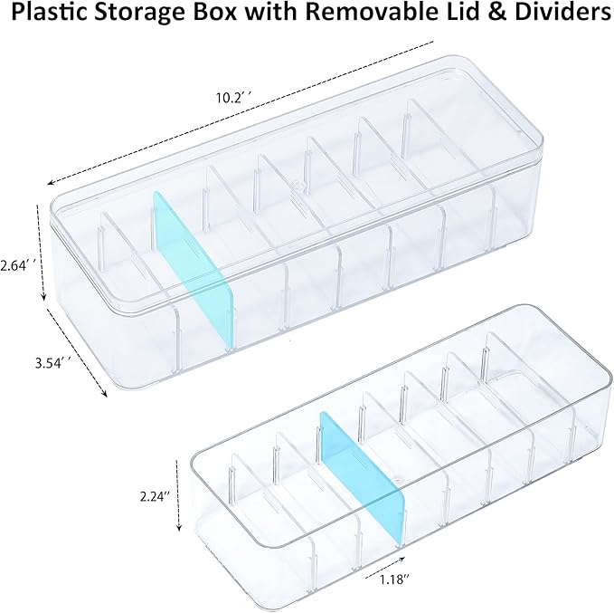 2 Pack Cable Organizer Box with Lid, Plastic Cord Storage Organizer with 8 Adjustable Compartments for Home Office Desk Drawer, Clear Phone Charger Bins
