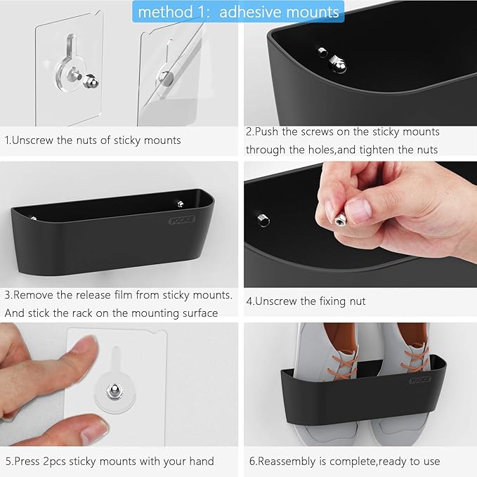 Wall Mounted Shoes Rack 6Pack with Sticky Hanging Strips, SM03-Black-6