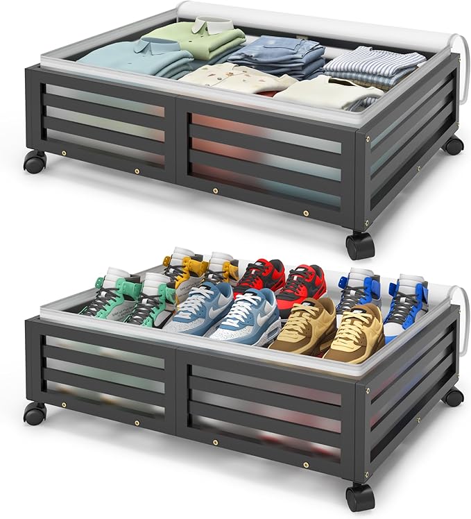 Under Bed Storage with Wheels-Large Bamboo Underbed storage Containers with Large Dust Bag Stackable Under the Bed Shoe Storage Bins for Clothes Books Bedding (2 Packs Black, 23.62"L×16.54"W× 6.51"H)