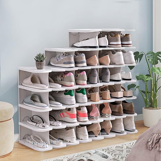 6-Tier Narrow Shoe Organizer, Adjustable Cubby Shoe Rack for Closet, Free Standing Shoe Slot Tower for Entrance, Stackable Space-Saving Shoe Storage Shelf for Entryway, White