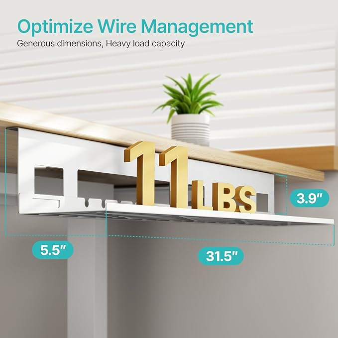 Under Desk Cable Management Tray, 31.5 Inches Metal Cord Organizer Rack, White