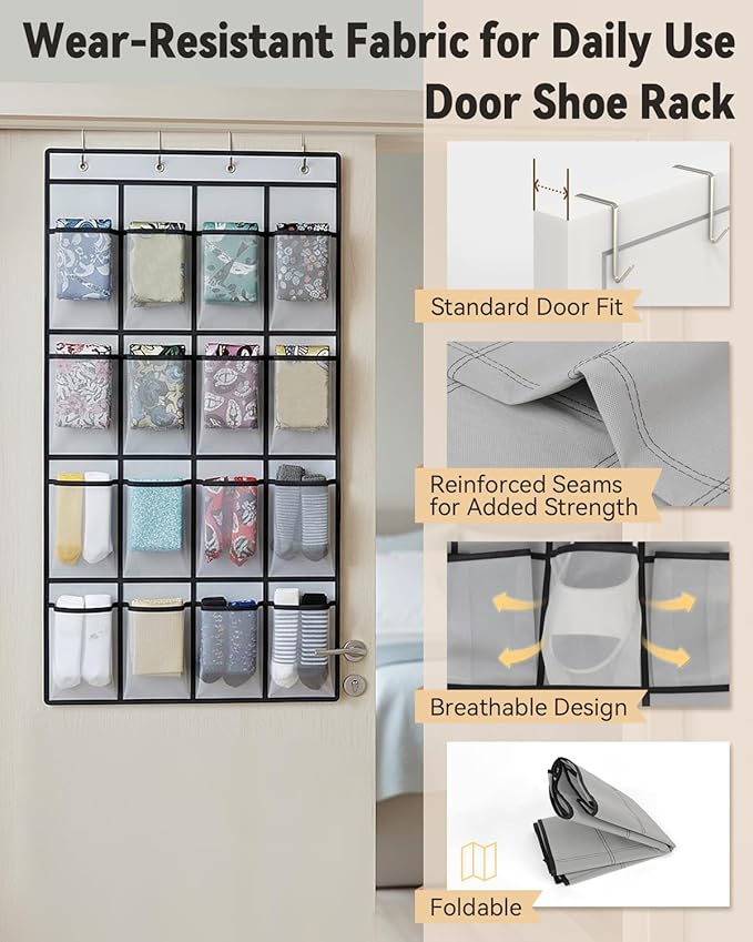 dodowin Over the Door Shoe Organizer Rack, 16 Large Breathable Mesh Pockets, Foldable Hanging Storage Holder for Closet Door, Space Saving Shoe & Accessory Organizer with 4 Metal Hooks, Gray