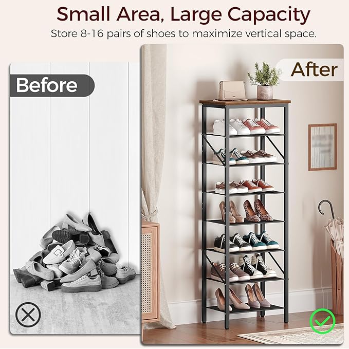 MAHANCRIS 8 Tier Narrow Shoe Rack Organizer, Tall Slim Shoe Storage for Small Space, Holds 8-16 Pairs, Metal Shoe Shelf with Wooden Top for Entryway Closet Bedroom, Rustic Brown and Black SRHR08401