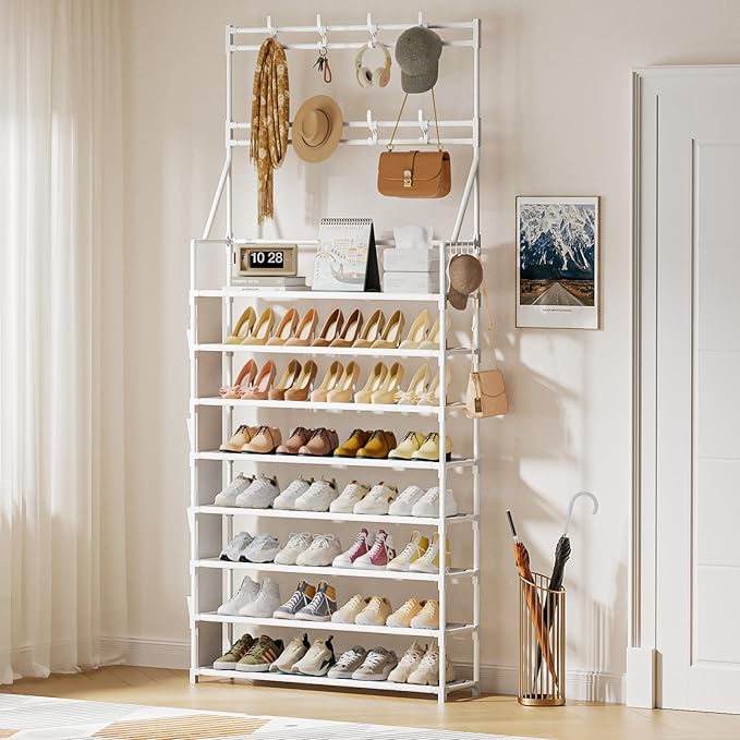 OYREL Shoe Rack 8 Tier Large Shoe Organizer Storage 32-40 Pairs Metal Shoe Storage Rack with Hooks and Side Pocket for Entrance Entryway Closet Shoe Shelf Holder
