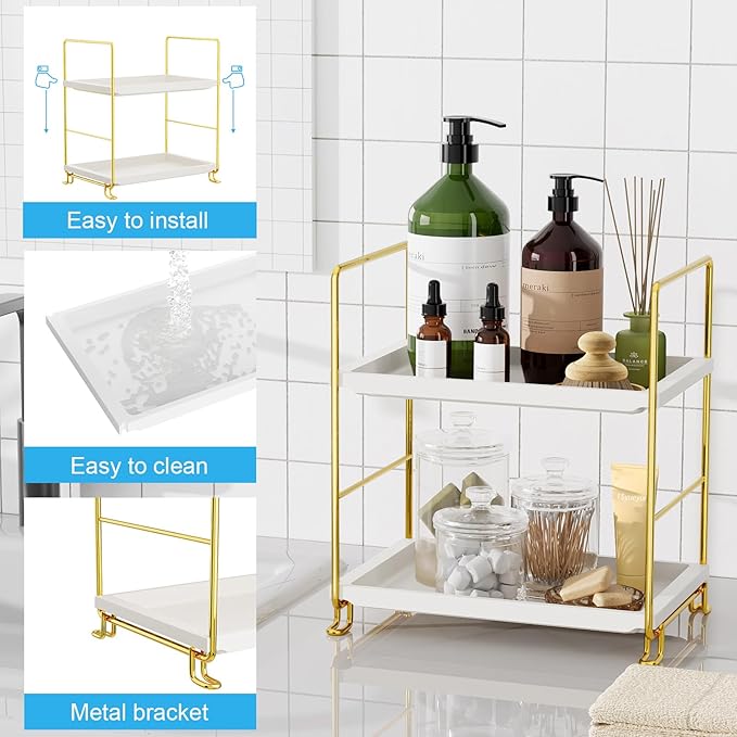 FSyueyun 2-Tier Bathroom Counter Organizer, Tool-Less Vanity Organizer for Skincare, Premium Plastic Bathroom Organizer Tray for Perfume & Cosmetics, （White & Gold）