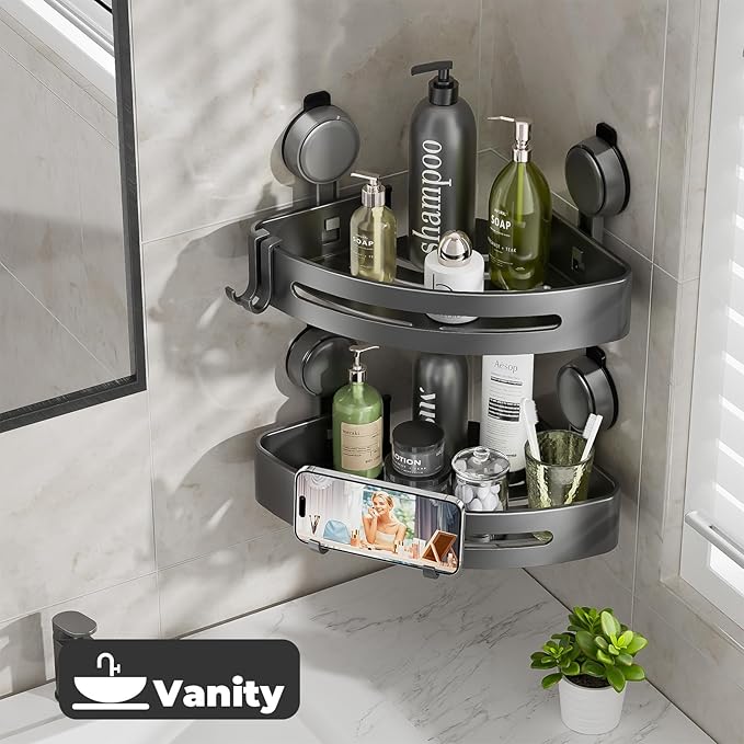 Corner Shower Caddy Suction Cup,Shower Shelves with Hooks,No Drilling Powerful Upgrade Suction Bathroom Corner Organizers and Storage,Removable Waterproof Rustproof Shower Shelf Bathroom Decor