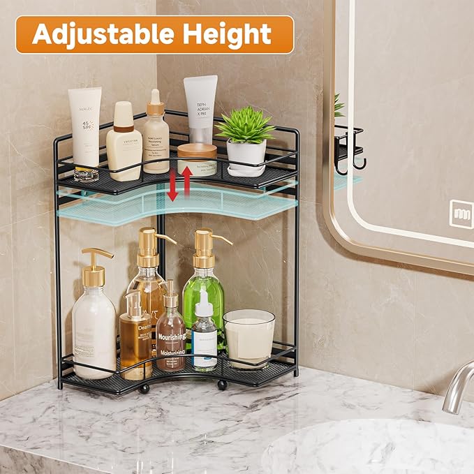VITVITI 2-Tier Corner Bathroom Counter Organizer, Bathroom Countertop Organizer Storage for Sink, Metal Mesh Makeup Organizer for Vanity Countertop Kitchen with Hooks, Black
