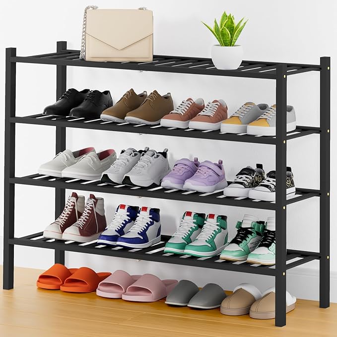 Smiry Long Bamboo Shoe Rack, 4 Tier Free Standing Wooden Shoe Organizer, Stackable Wood Shoe Storage Shelf for Closet, Entryway, 14 Vertical Slats, 2+2 Stack Heavy-Duty Legs, 33.7"x11"x26", Black