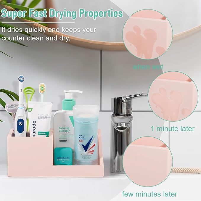 Diatomite Toothbrush Holders for Bathrooms, Quick Dry Electric Tooth Brush and Toothpaste Organizer Bathroom Accessories for Countertop, Vanity, Sink - Pink