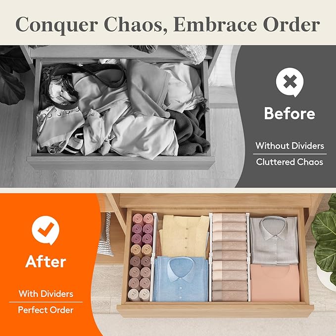 Lifewit Drawer Dividers for Clothes, 3.2" High 10.5"-16.5" Expandable Dresser Drawer Organizers, Adjustable White Plastic Separators for Kitchen, Cabinet, Nursery, Socks & Underwear Storage, 4 Pack