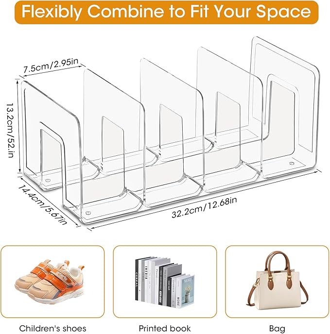 Kids Shoe Organizer Stackable: Clear Acrylic Baby Shoe Rack with Dividers - Closet Storage for Toddlers & Nursery Use (4 Pack)