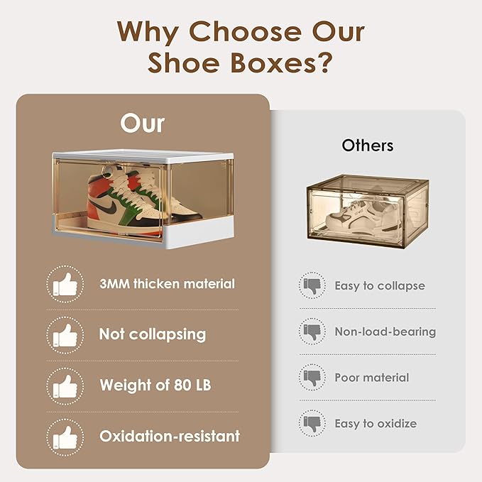Clear Stackable Shoe Boxes with Magnetic Door, 3 Pack Thick Plastic Shoe Organizer for Closet, Dustproof Storage, Fits up to US Size 13
