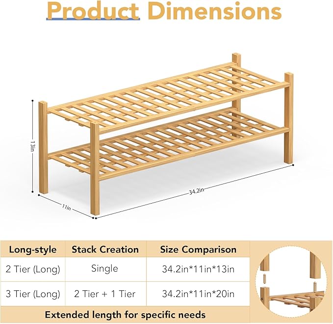 Haddockway Long 2 Tier Bamboo Shoe Rack Storage Organizer, Multifunctional Free Standing Stackable Shoe Shelf with Grid Panel for Closet,Hallway,Entryway,Small Space 34.2"x11"x13"
