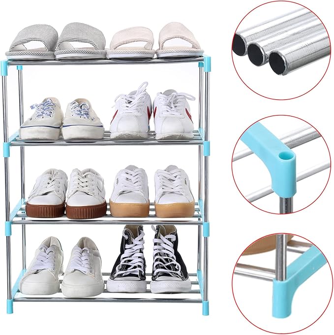 Jucaifu Stackable Small Shoe Rack, Entryway, Hallway and Closet Space Saving Storage and Organization (4-Tier, Blue)