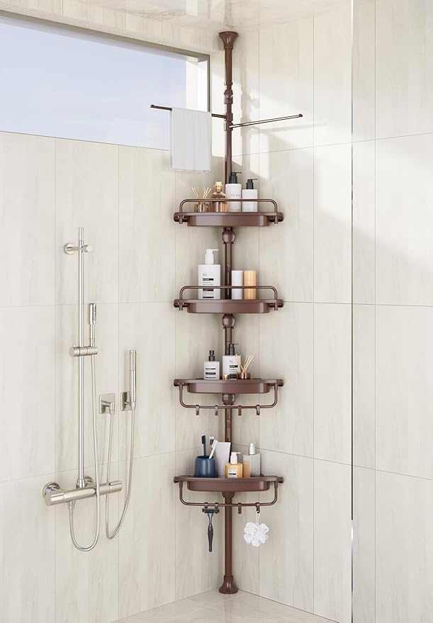 XLHOMO 32-122inch Corner Shower Caddy Tension Pole Brown, Rustproof Drill-Free Shower Shelves for Bathroom Bathtub Washbasin, Adjustable Shower Organizer with 4 Tier Patent Stable Shelves & Towel Bars