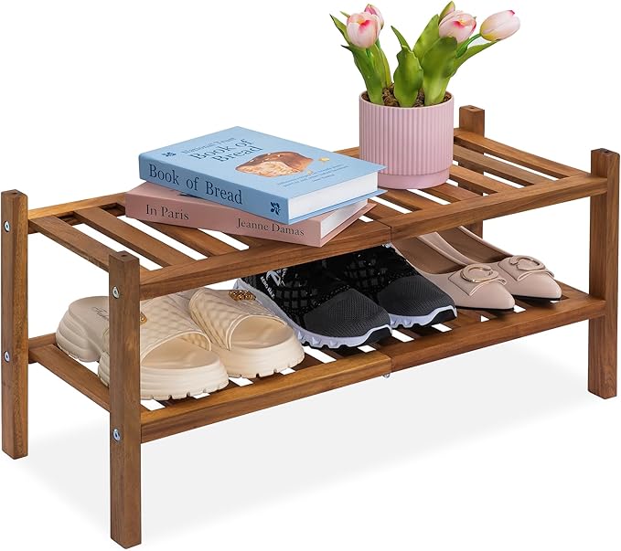 RELAX Natural Acacia Wood 2-Tier Folding Shoe Rack