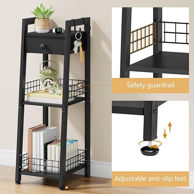3-Tier Narrow Ladder Shelf with Drawer, Black