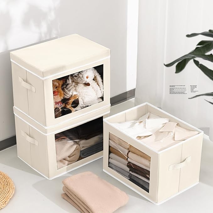 Homsorout Storage Bins with Lids - Medium Storage Box with Lids, Foldable Closet Boxes for Organizing, Stackable Clothes Organizer with Window, Cubes Bins for Living Room, 5 Pack, Beige