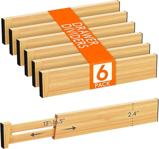 2.4" High 6 Pack Bamboo Drawer Dividers 33-42cm/13-16.5" Adjustable Wooden