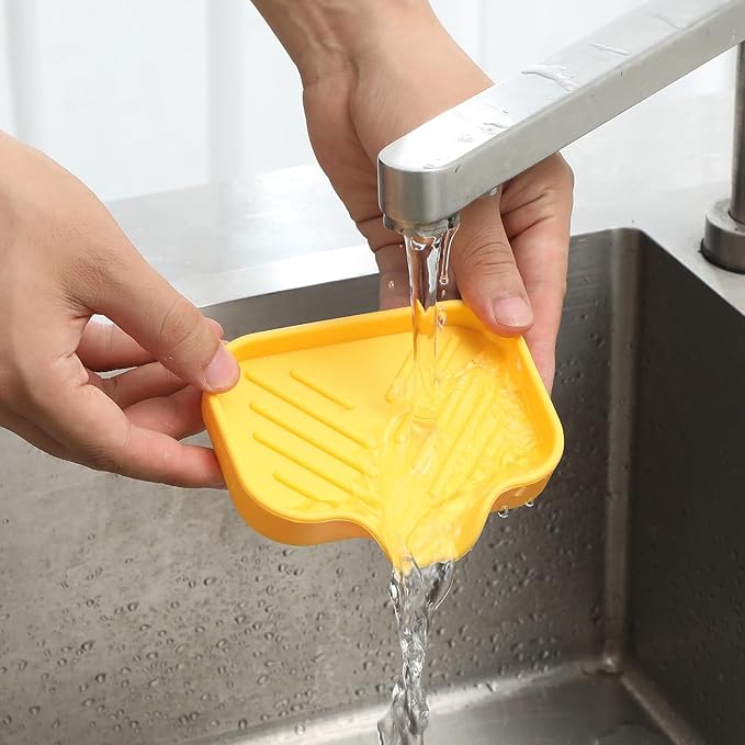 MicoYang Silicone Soap Dish with Drain Spout — Self-Draining Sink Organizer Tray for Bathroom & Kitchen, Holds Soap, Sponges & Dispensers, Non-Slip & Dishwasher Safe, Yellow (Small, 4.9"×3.2")