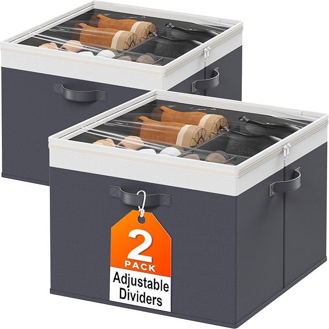 StoreHappily Shoe Organizer for Closet - 2 Packs Hold up to 32 Pairs, Large Shoe Storage Organizer Containers with Adjustable Dividers, Clear Cover, Leather Handles for Heels, Boots, Sneakers (Gray)