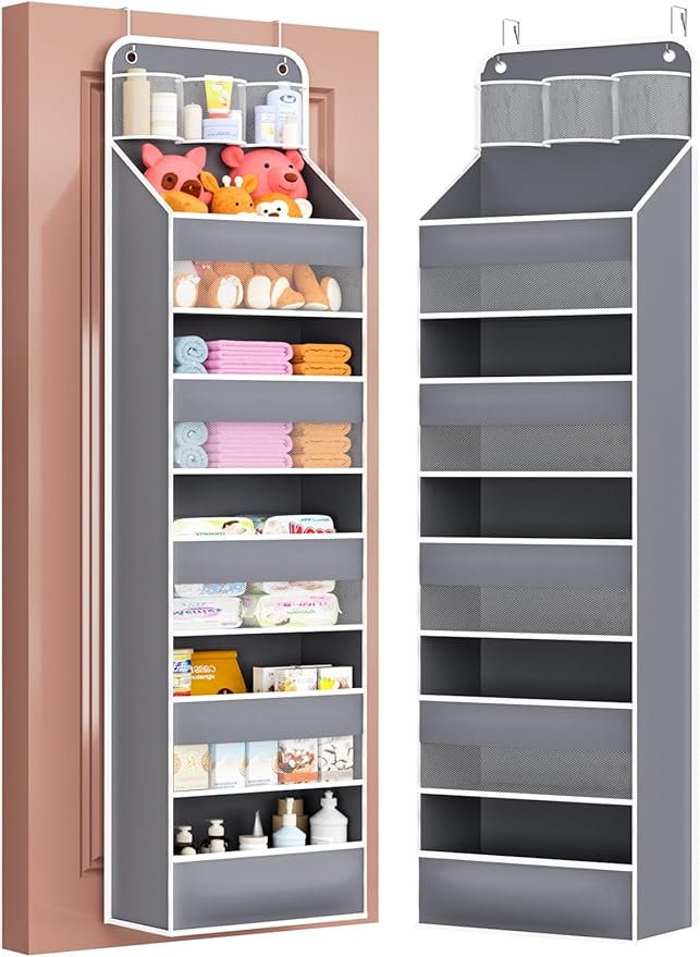 Over Door Organizer for Bedroom,Nursery,Bathroom,Dorm,Pantry, Closet - 5 Tier 44 lb Load Behind Door Storage, Back of Door Hanging Holder Bag - 1 Pack,Grey