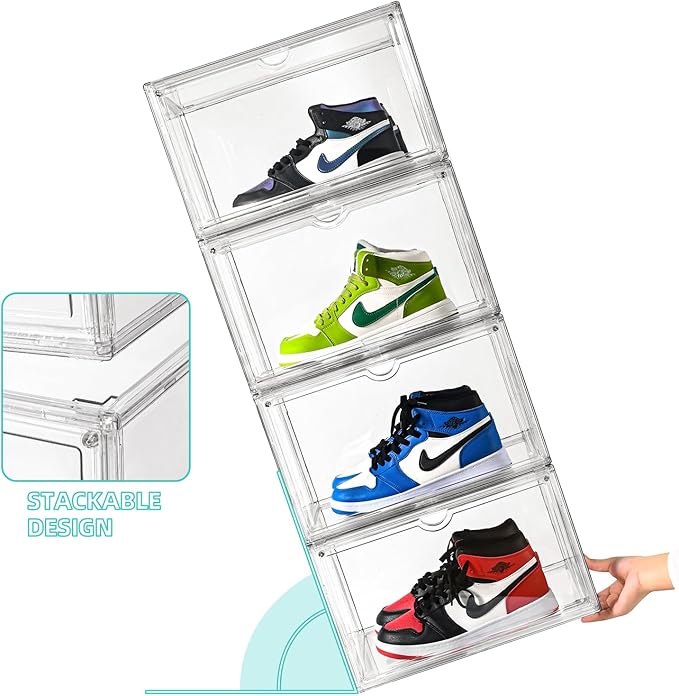 Clear Shoe Organizer,Stackable Shoe Display Case,Shoe Box Storage Bins with Magnetic Door,Fit Shoe Size Up to US 14 (X-Large-3Pack)