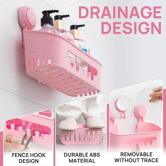 LEVERLOC Shower Caddy Suction Cup 2 Pack, Shower Organizer Removable Bathroom Shelf, Storage for Inside Shower Powerful Suction Max Hold 22lbs Waterproof Holder, Pink