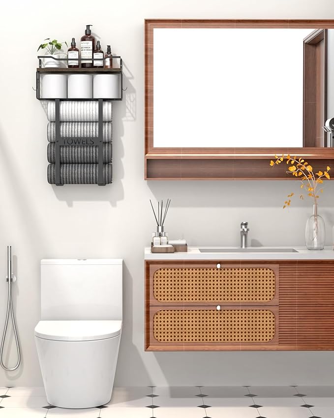Rustic Brown Wood Vertical Towel Rack, Bath Wall Holder Set Above Toilet Storage