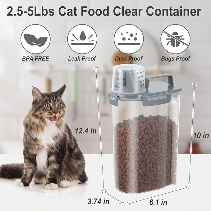 2.5-5LBS Upgraded Large Nozzle Cat Dog Food Storage Container BPA-free, Airtight Pet Food Storage Bin with 4 Lock Buckles, Sealing Gasket, Cup for Pet Food, Dog Treats, Rice, Flour,Dry-Grey Blue